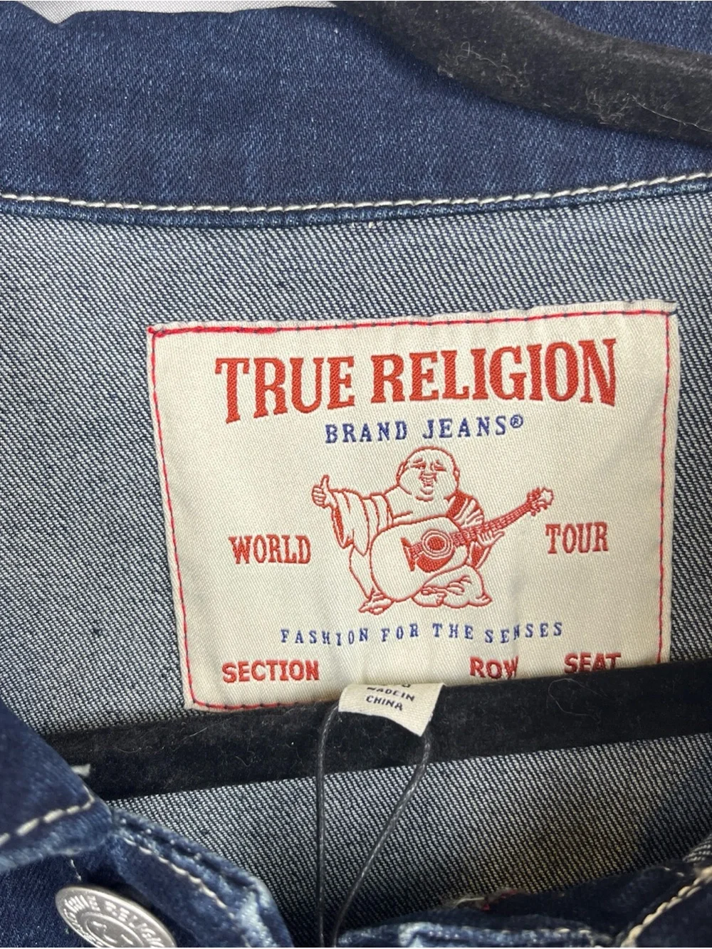 True Religion Denim Jacket Red Ladder Stitch Men’s Large Dark Wash MSRP $184 New